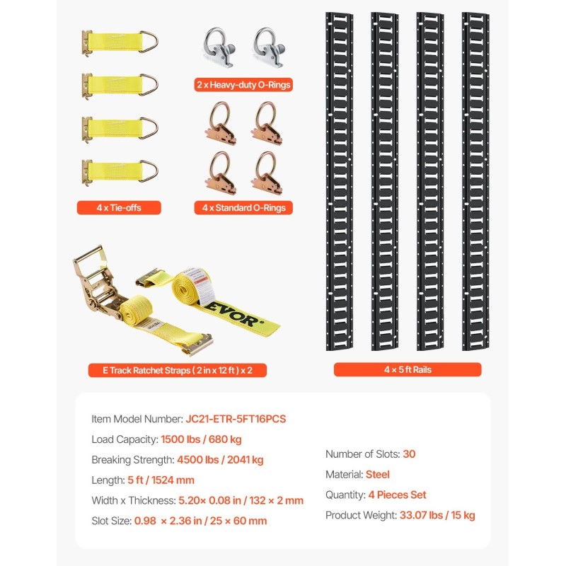 E-kisko kuormansidontasetti teräs 4 kiskoa 1,52 m 2 räikkähihnaa 18 osaa