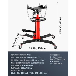 Hydraulinen teleskooppinen vaihteistonostin teräs 0,6 tonnia nostoalue 85–170 cm jalkapoljin