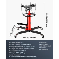 Teleskooppinen hydraulinen teräsrunkoinen vaihteistonostin 0,5 tonnin kuormituskyky 85–170 cm