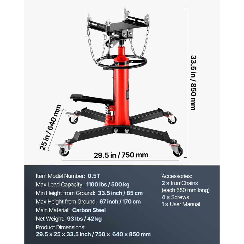 Teleskooppinen hydraulinen teräsrunkoinen vaihteistonostin 0,5 tonnin kuormituskyky 85–170 cm