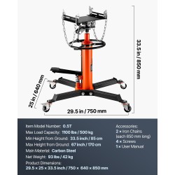Teleskooppinen hydraulinen vaihteistonostin teräs puoli tonnia nostoalue 85–170 cm poljinkäyttöinen säädettävä satula