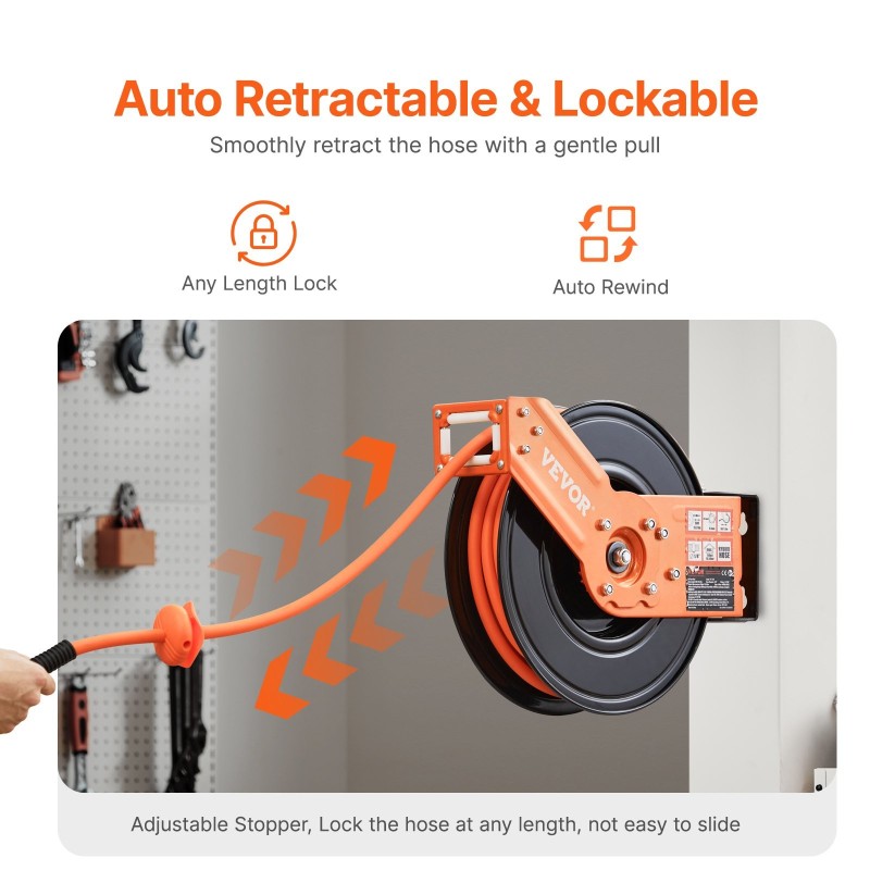 Vedettävä paineilmaletkukela teräsrunko 3/8 tuumaa 15 m 300 PSI automaattinen takaisinkelautuminen räikkälukitus