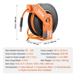 Vedettävä paineilmaletkukela teräsrunko 3/8 tuumaa 15 m 300 PSI automaattinen takaisinkelautuminen räikkälukitus