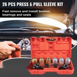 26-osainen holkki- ja vetopulttisarja 45-terästä puslien, laakereiden ja tiivisteiden asennukseen autoihin