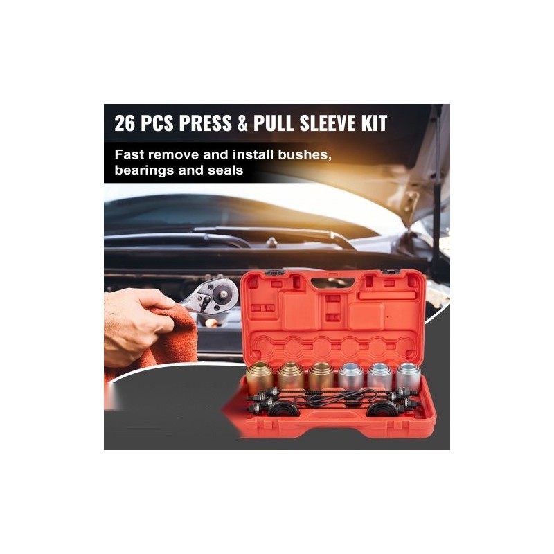 26-osainen holkki- ja vetopulttisarja 45-terästä puslien, laakereiden ja tiivisteiden asennukseen autoihin