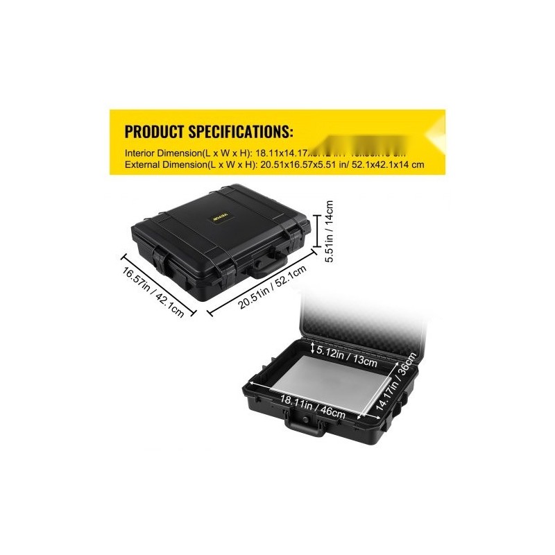 Vedenpitävä kovakotelo polypropeenikuorella muokattavalla vaahtosisuksella 46×36×13 cm 15–17 tuuman kannettaville