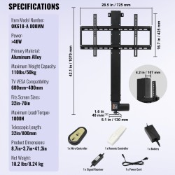 Moottoroitu alumiiniseos TV-nostin säädettävä 107–187 cm korkeudelle enintään 60 tuuman televisioille
