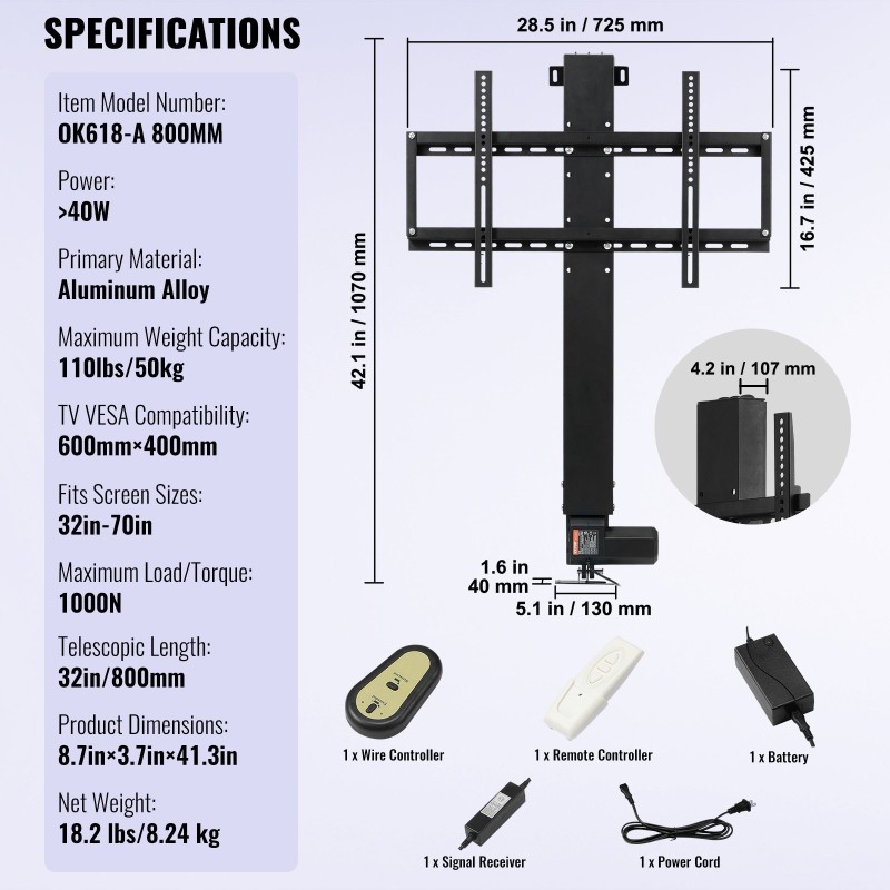 Moottoroitu alumiiniseos TV-nostin säädettävä 107–187 cm korkeudelle enintään 60 tuuman televisioille