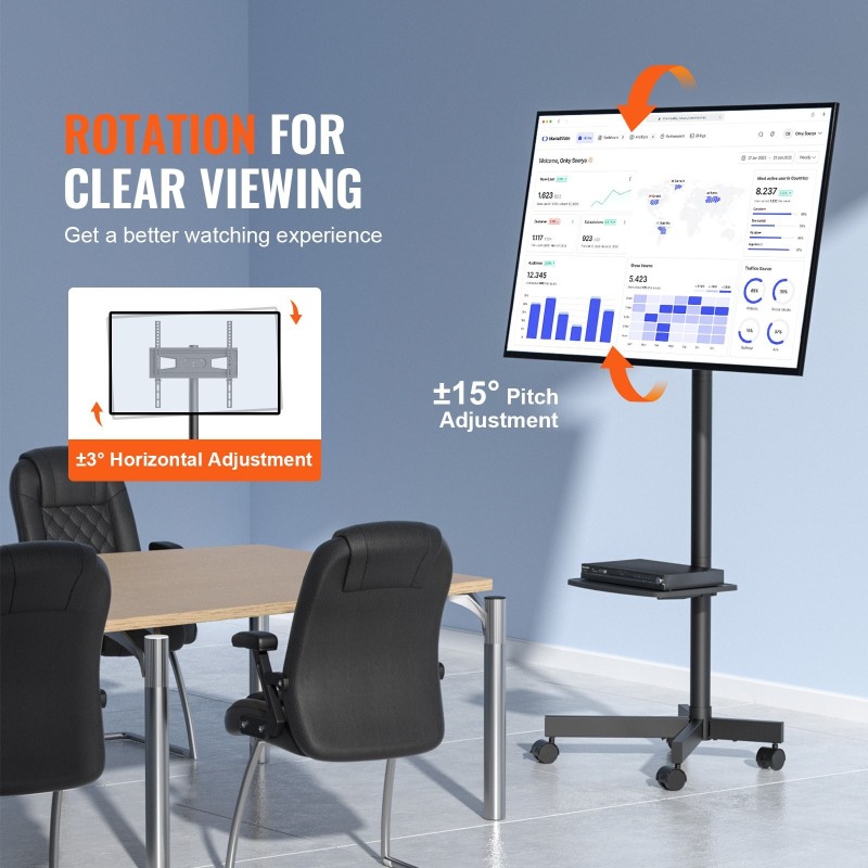 TV-teline korkeussäädettävä siirrettävä pyörillä 23–60 tuuman televisioille VESA 100x100–400x400 kaksitasoinen hylly
