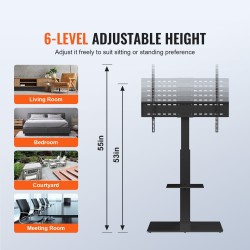 Lattialla seisova TV-teline 32–85 tuuman karkaistu lasijalusta kääntyvä korkeussäädettävä