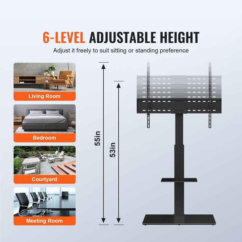 Lattialla seisova TV-teline 32–85 tuuman karkaistu lasijalusta kääntyvä korkeussäädettävä