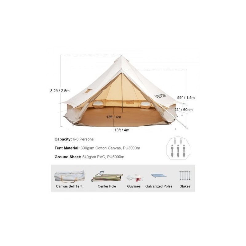 300gsm puuvillacanvas kupoliteltta 4 m 5–8 hengelle 540gsm PVC-lattia