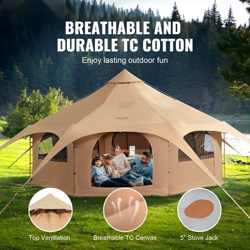 Kelloteltta 5 m hengittävästä TC-puuvillakankaasta 8 hengelle kamiinaventtiilillä