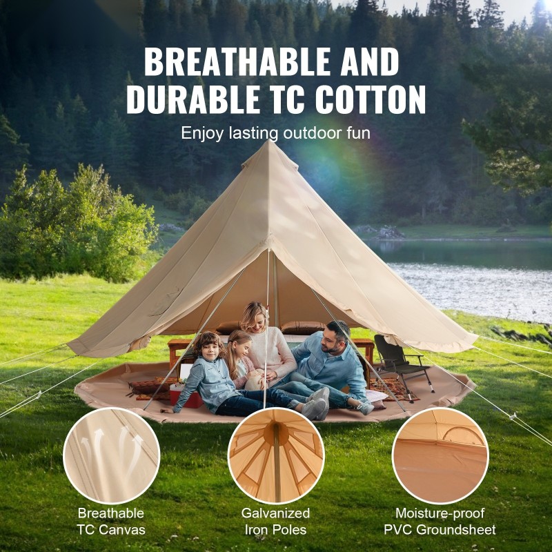 Kelloteltta polyesteri-puuvillakangas kolmen metrin halkaisija neljälle hengelle savupiipun läpivienti muovipäällysteinen lattia