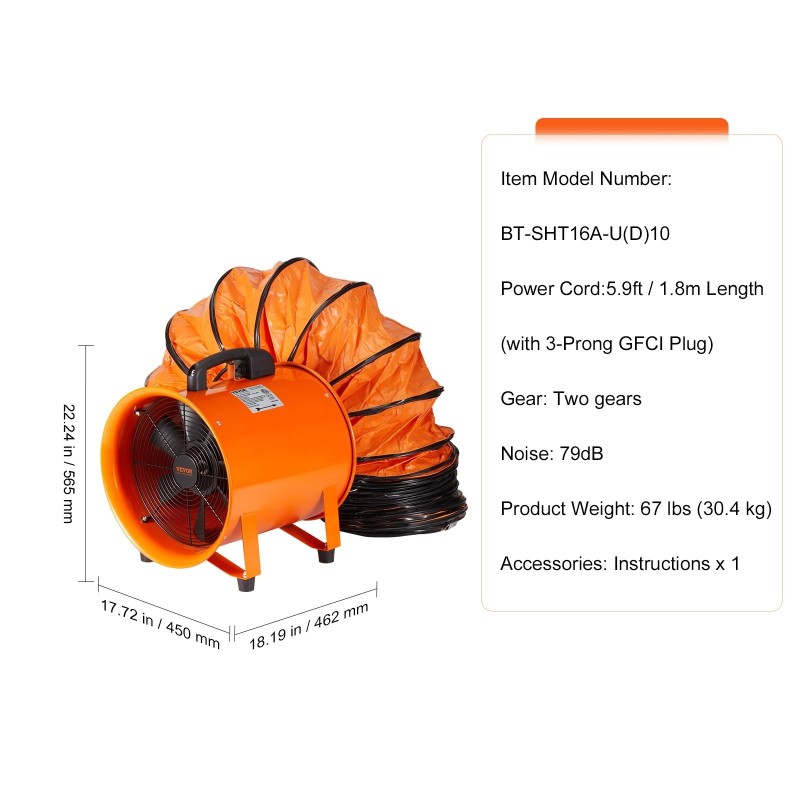 Aksiaalipuhallin 40,6 senttimetriä siirrettävä teräsrunkoinen 900 wattia kaksi nopeusasetusta 10 metriä poistokanava