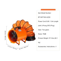 Poistoilmapuhallin 40,6 senttimetriä teräsrunkoinen kaksinopeuksinen 5 metrin joustava ilmanvaihtokanava