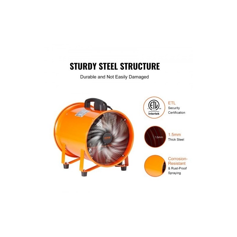 Kannettava aksiaalipuhallin teräs 30,5 senttimetriä 365 wattia 2 nopeutta 5 metrin kanavalla