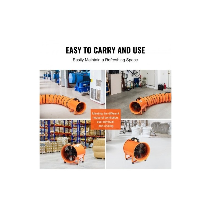 Kannettava aksiaalipuhallin teräs 30,5 senttimetriä 365 wattia 2 nopeutta 5 metrin kanavalla