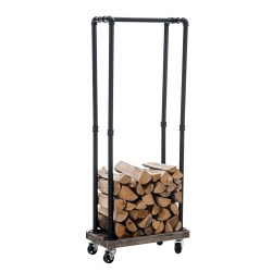 Tyylikäs ja käytännöllinen takkapuuteline pyörillä teolliseen tyyliin