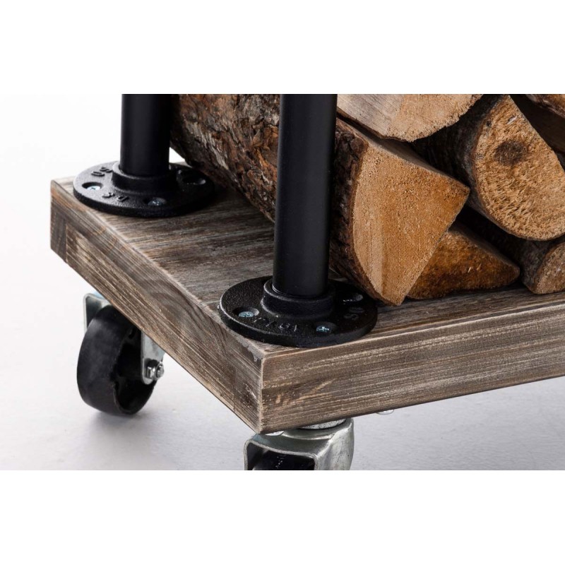 Tyylikäs ja käytännöllinen takkapuuteline pyörillä teolliseen tyyliin