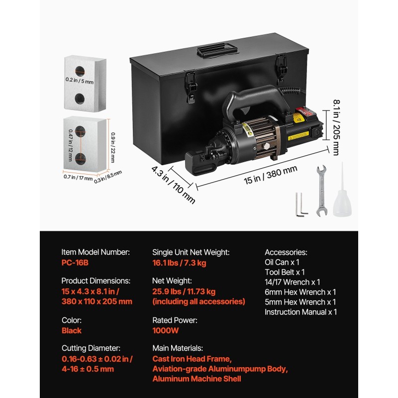 Sähköhydraulinen harjateräksen leikkuri 4–16 mm 1000 W valurautarunko kuparimoottori