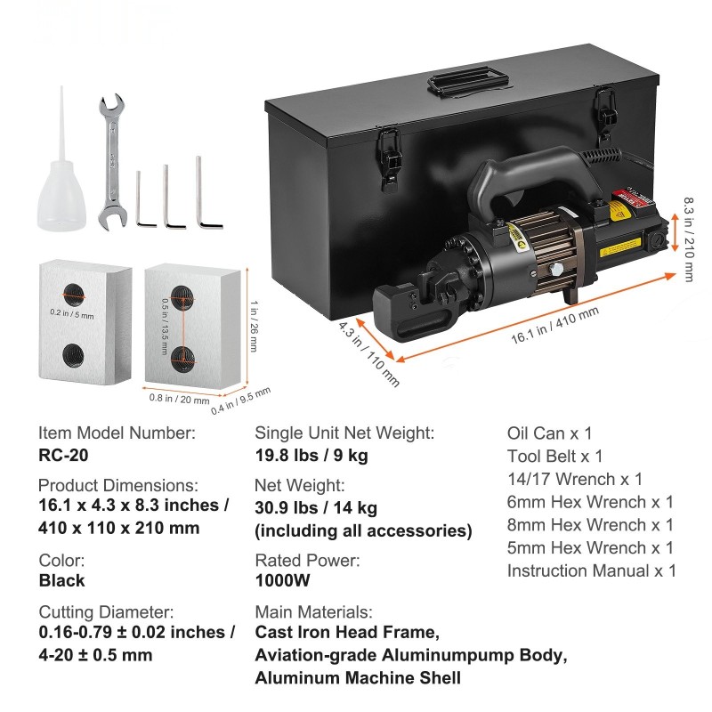 Sähköhydraulinen raudoitusleikkuri 4–20 millimetriä 1000 wattia valurauta ja alumiinirunko ammattikäyttöön