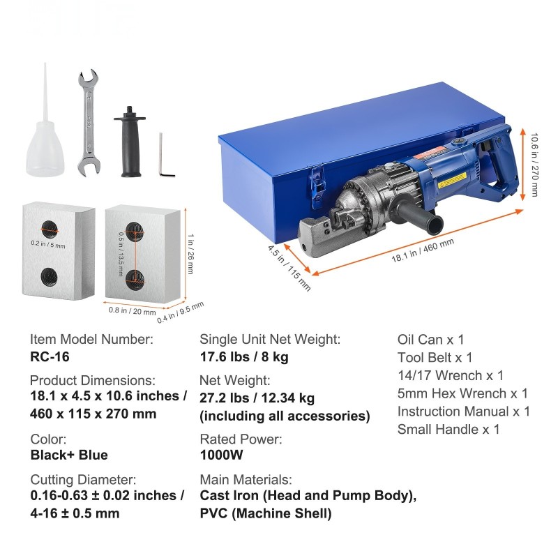 Sähköhydraulinen harjateräsleikkuri 1000 wattia leikkaushalkaisija 4–16 millimetriä mukana työkalulaukku