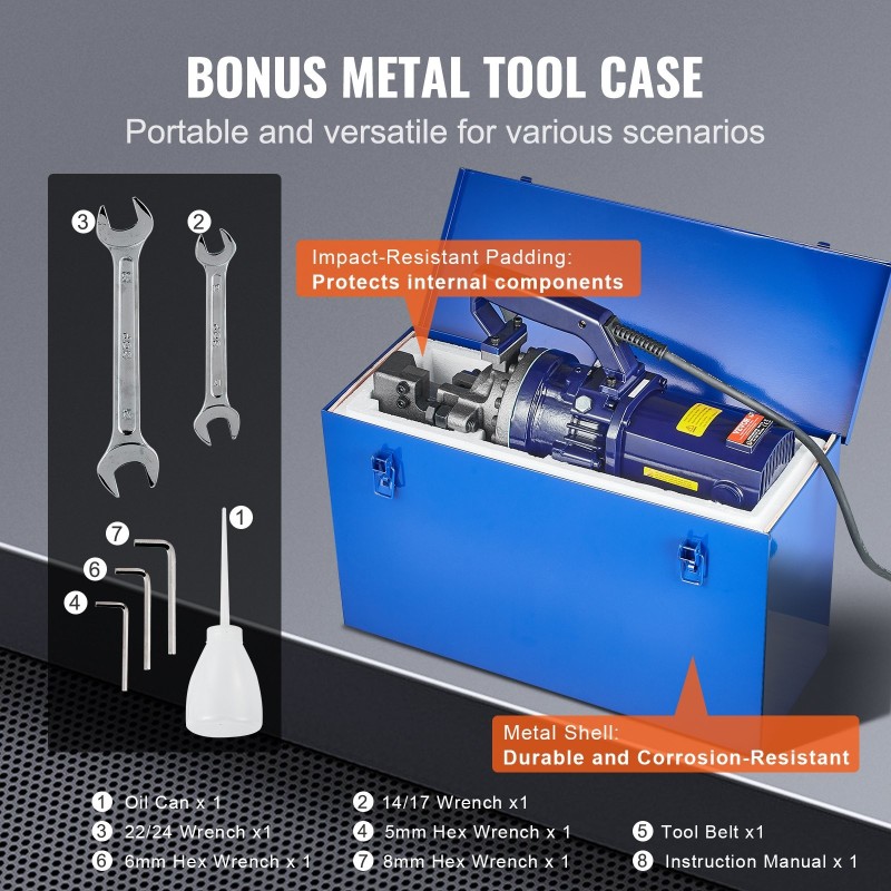 Sähköhydraulinen raudoitusleikkuri valurautarunko 1700W 5–25 mm mukana työkalulaukku ja öljyastia