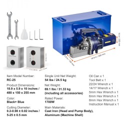 Sähköhydraulinen raudoitusleikkuri valurautarunko 1700W 5–25 mm mukana työkalulaukku ja öljyastia