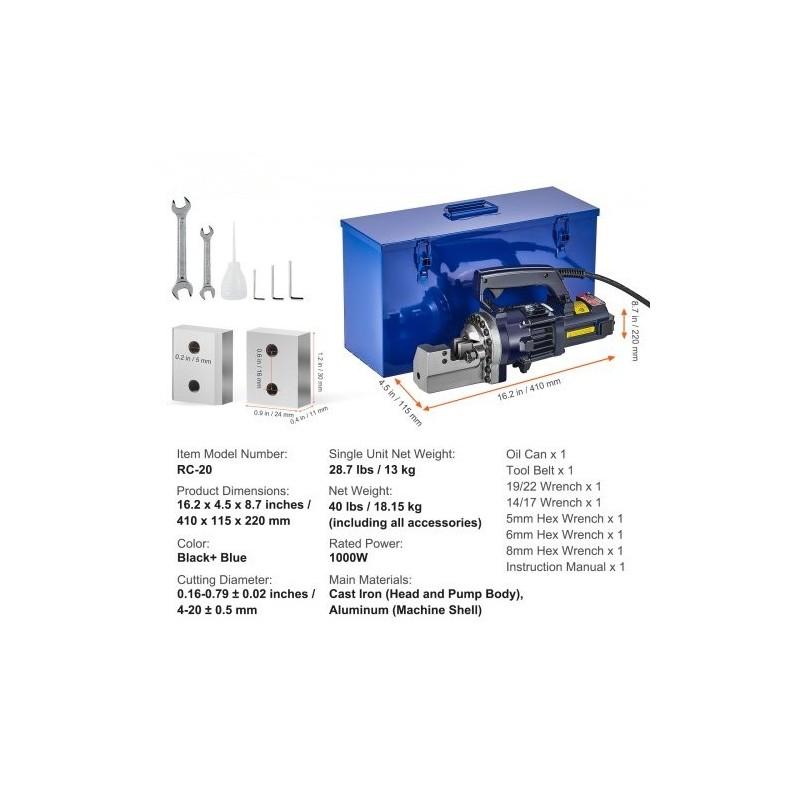 Hydraulinen sähkökäyttöinen raudoitusleikkuri 1000W 4–20 mm RC-20