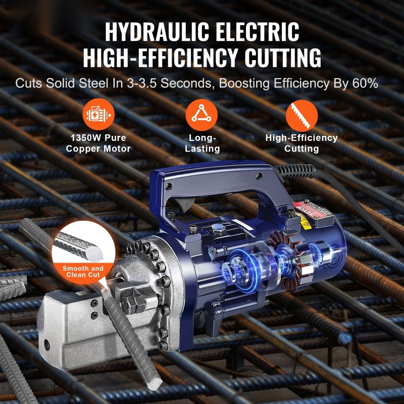 Sähköhydraulinen harjateräksen leikkuri 1350W 4–22 mm työkalulaukulla ja öljyastiolla