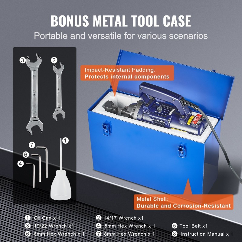 Sähköhydraulinen harjateräksen leikkuri 1350W 4–22 mm työkalulaukulla ja öljyastiolla