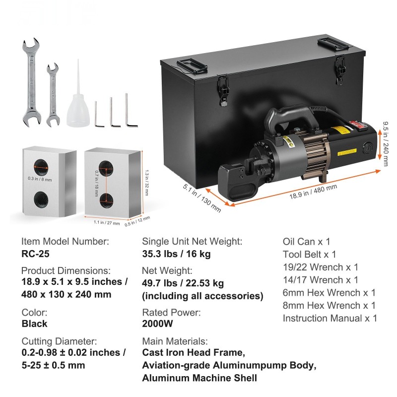 Sähköinen hydraulinen betoniteräsleikkuri 2000W 4–25 mm valurautainen pääkehys alumiinirunko