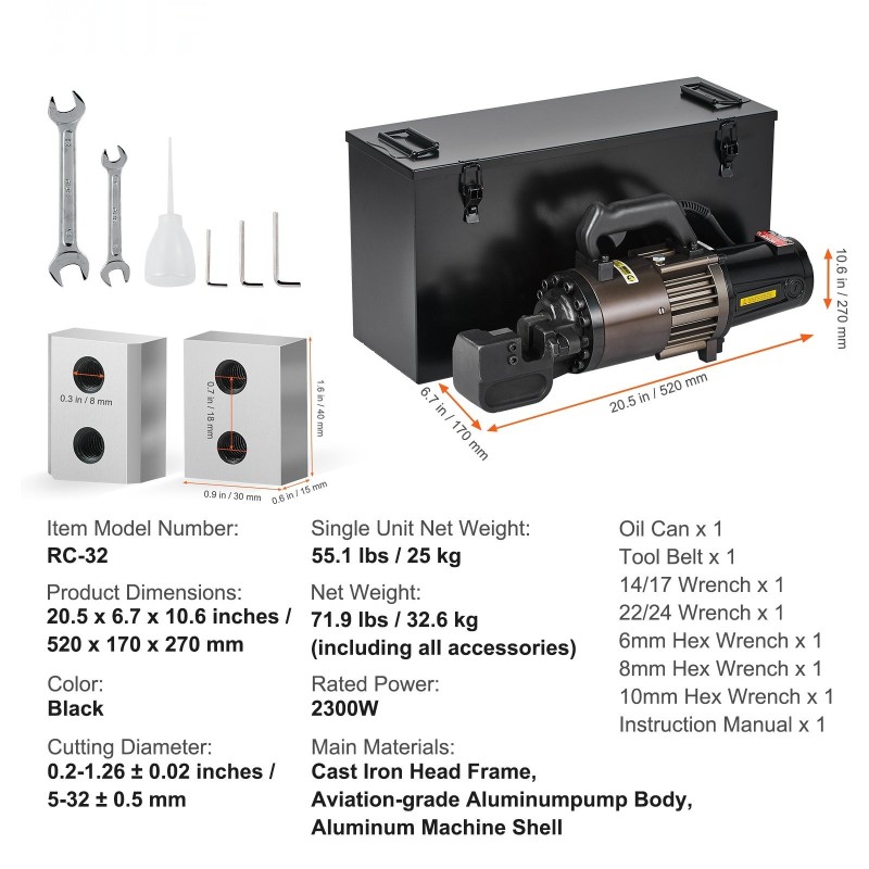 Sähkökäyttöinen hydraulinen harjateräsleikkuri 2300W 5–32 mm valurautarunko