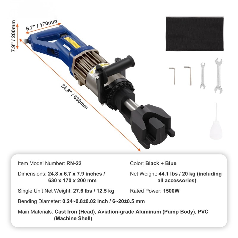 Sähköhydraulinen harjaterästaivutin 6–20 mm 1500 W säädettävä 0–90° työkalulaukulla