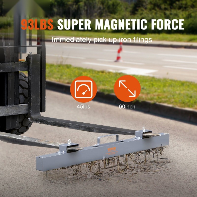 Ripustettava magneettinen lakaisin teräsrunkainen 1520 mm 42,2 kg vetovoima trukkien haarukoihin