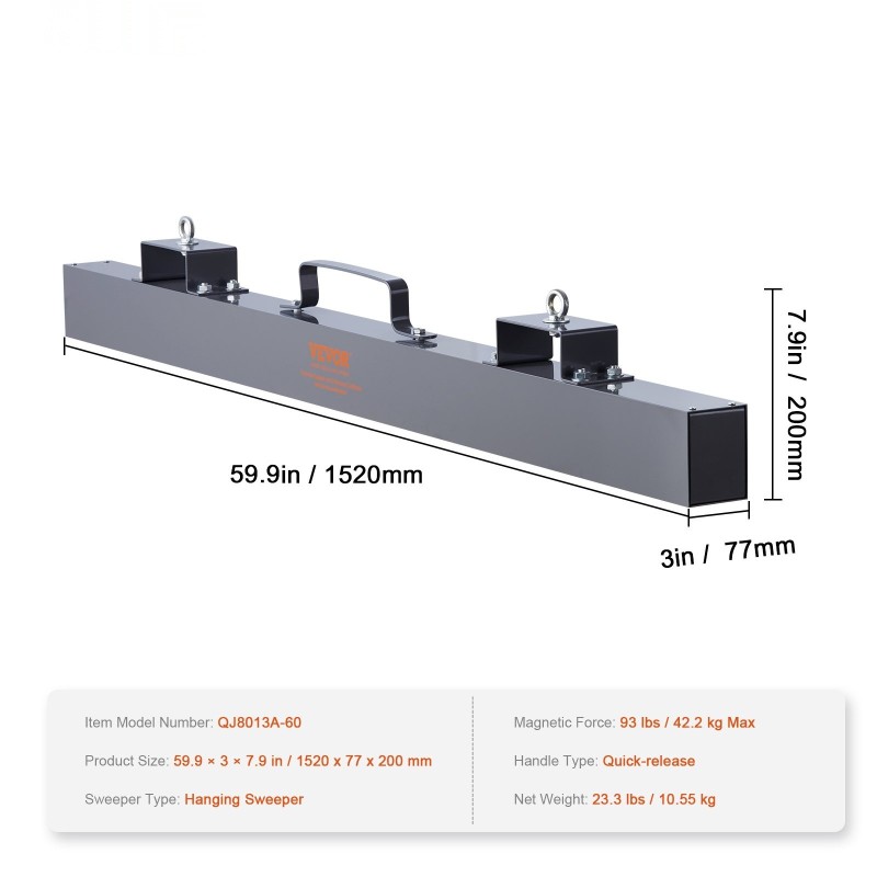 Ripustettava magneettinen lakaisin teräsrunkainen 1520 mm 42,2 kg vetovoima trukkien haarukoihin