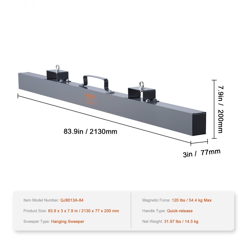 Ripustettava magneettinen puhdistaja 2130 mm leveä 54,4 kg magneettivoimalla trukkikiinnityksellä