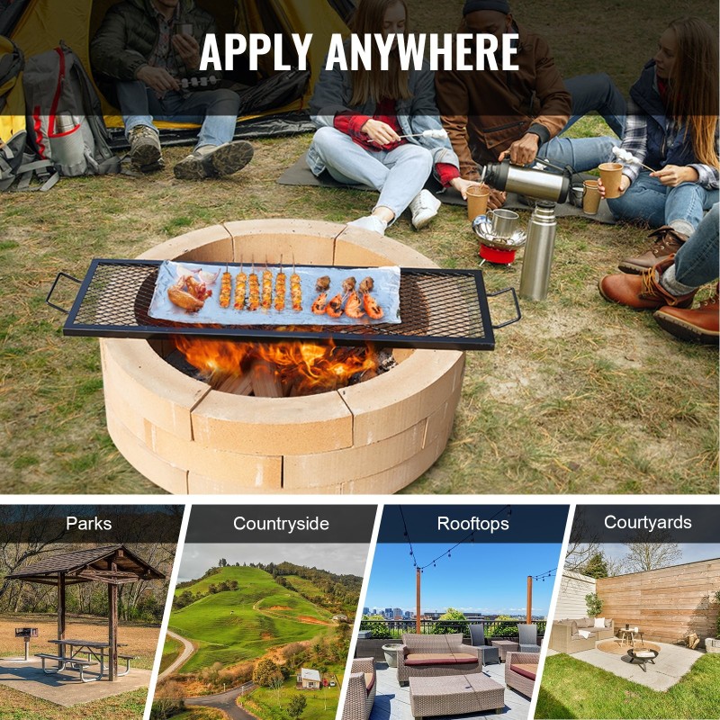 Grilliritilä terästä 111x380 mm musta nuotiolle kantokahvoilla