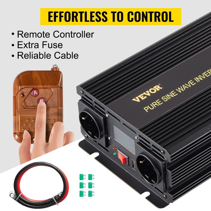 Puhdas siniaaltoinvertteri 2500W tasajännite 12V vaihtojännite 230V LCD-näytöllä USB-portilla ja kaukosäätimellä