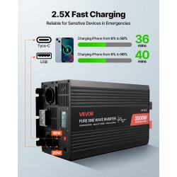 Puhdas siniaaltoinvertteri 3500W 12V 230V alumiinikotelo 2 AC pistorasiaa USB-portti USB-C-portti