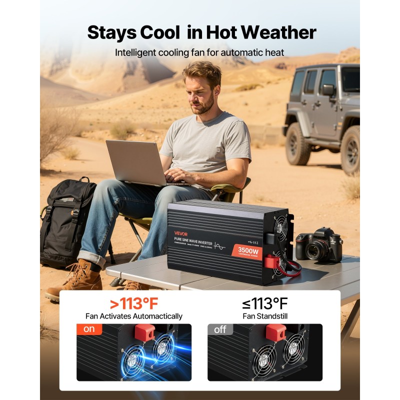 Puhdas siniaaltoinvertteri 3500W 12V 230V alumiinikotelo 2 AC pistorasiaa USB-portti USB-C-portti