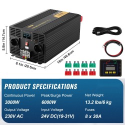 Puhdas siniaaltoinvertteri 3000 W 24V–230V alumiiniseosrunko LCD USB asuntoautoihin