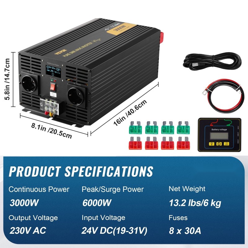 Puhdas siniaaltoinvertteri 3000 W 24V–230V alumiiniseosrunko LCD USB asuntoautoihin