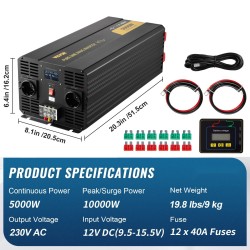 Puhdas siniaaltoinvertteri 5000W 12V 230V LCD näyttö USB kaukosäädin