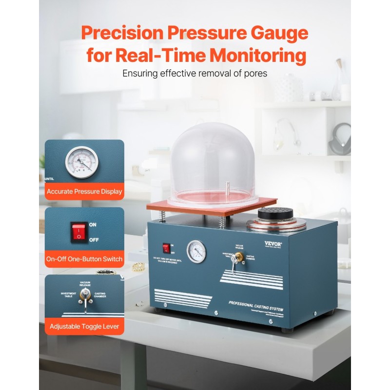 Tyhjiövalukone jalometalleille 290 wattia nopealla pumpulla 280 x 280 mm työalusta