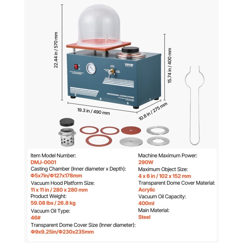 Tyhjiövalukone jalometalleille 290 wattia nopealla pumpulla 280 x 280 mm työalusta