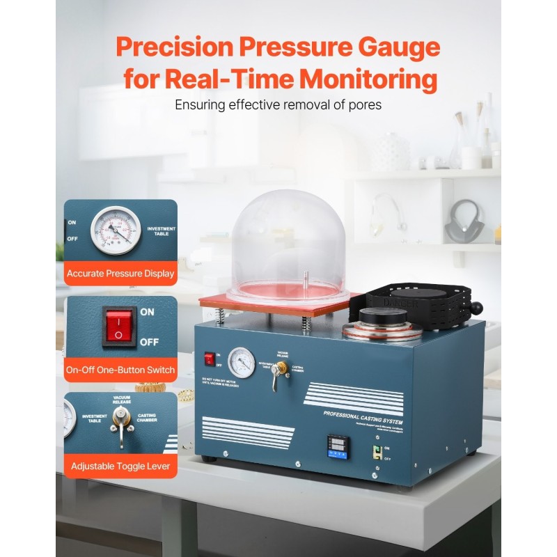 Tyhjiövalu- ja sulatuskone jalometalleille enimmäislämpötila 1150°C työtaso 280×280 mm