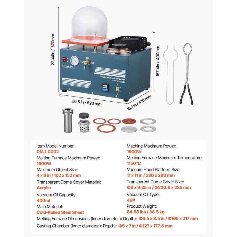 Tyhjiövalu- ja sulatuskone jalometalleille enimmäislämpötila 1150°C työtaso 280×280 mm