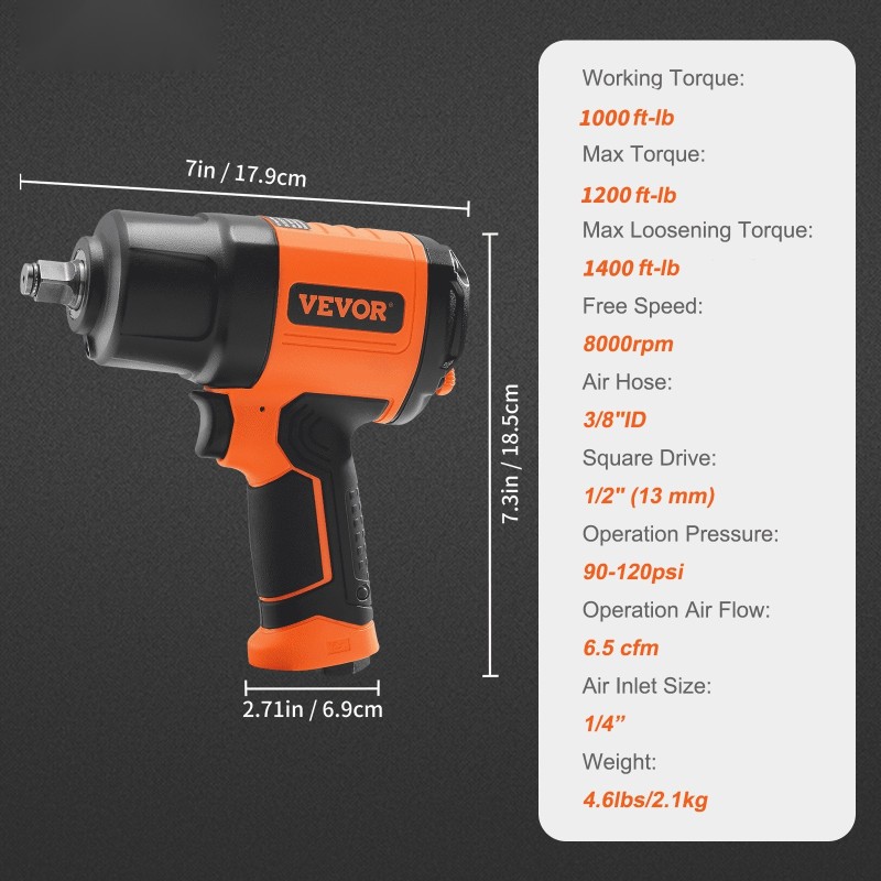 Paineilmaiskumutterinväännin 1,3 cm 1894,6 Nm 2,1 kg 11-osainen iskehylsysarja kantolaukku